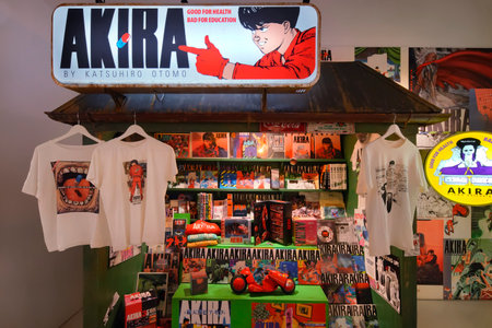 tokyo, japan - december 03 2019: Neon sign above a souvenir stand with books and t-shirts of the Japanese anime and manga by Katsuhiro Åtomo during Akira Art of Wall exhibition in Shibuya Parco Museumのeditorial素材