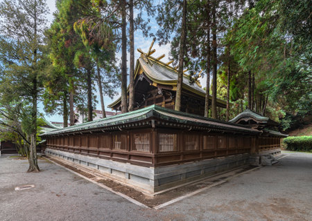 tokyo, japan - december 08 2021: Back view of the Miyajidake Shrine of Kyushu surrounded by a wooden fence called tamagaki with an oxidized copper awning and tall pine trees.のeditorial素材