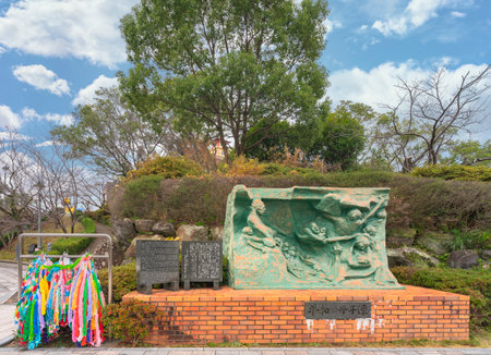 nagasaki, kyushu - december 11 2021: Atomic bomb memorial monument called Mother and Child statue of Peace created in 1987 at the Nagasaki National Peace Memorial Hall for the Atomic Bomb Victims.のeditorial素材
