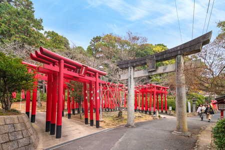 kyushu, japan - december 08 2021: A bunch of wooden red torii gates along the SandÅ path of the Okunomiya Inari shrine and the stone torii gate of Fudo jinja part of the Miyajidake Shrine in Fukuoka.のeditorial素材