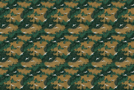 Traditional Japanese handpainted chiyogami paper depicting tancho-tsuru aka red-crowned cranes symbol of luck and longevity flying above green matsu pine trees adorned with golden design patterns.の写真素材