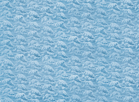 Photograph of highly detailed Japanese traditional wrapping cotton fabric called furoshiki featuring a seamless pattern of a blue sea wave like that of the famous hokusai and used for wrapping goods.の写真素材