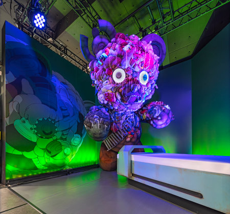 tokyo, ikebukuro - Aug 11 2023: Photo spot of a giant teddy bear referencing a scene of Akira at The Complete Works Cel exhibition dedicated to the Japanese anime and manga Akira by Katsuhiro Åtomo.のeditorial素材