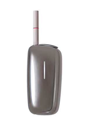 Isolated clipping on a white background of a paper e-cigarette inserted into an electronic tobacco device with a shimmering aluminum shell equipped with a light signal to deliver inhaled nicotine.の写真素材
