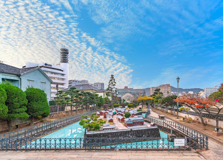 kyushu, japan - dec 14 2022: Outdoor model of the Dejima island known as Tsukishima which was an artificial island off nagasaki serving as trading post for foreigners during the isolationist Edo era.のeditorial素材