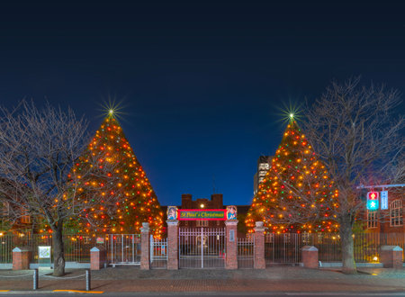 tokyo, ikebukuro - dec 27 2022: A night view of Rikkyo University known as Saint Paul's University since 1874 adorned with Christmas trees illuminated with colorful garlands during the holiday season.のeditorial素材