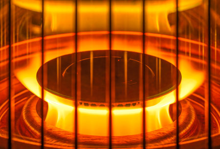 Close-up on a burning gas burner with its bright yellow flame dancing gracefully in circle behind a metal protective grill used for long winter evenings to warm the room.の写真素材
