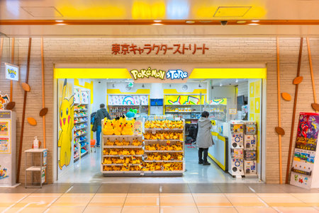 tokyo, harajuku - nov 28 2022: Japanese Pokemon store with shelves full of yellow pikachu plushies...