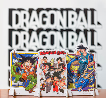 japan, tokyo - mar 8 2024: Mini layer stands representing the characters of the manga, anime and video game franchise Dragon Ball waving goodbye with their hands for the late master Akira Toriyama.のeditorial素材