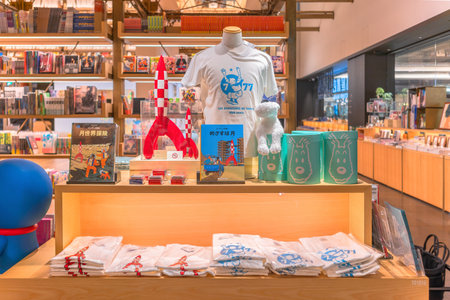 tokyo, ginza - may 17 2024: Japanese bookstore display with comics, t-shirts, merchandise like rocket model from French comic strip The Adventures of Tintin created by Belgian cartoonist HergÃ©.のeditorial素材