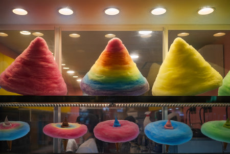 A display of ice cream cones surrounded by rainbow-colored cotton candy at a Japanese candy store in...