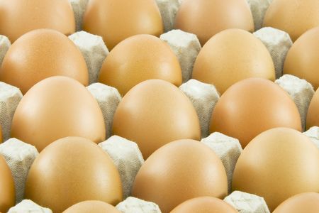 Many fresh rural eggs packed in cardboard containerの写真素材