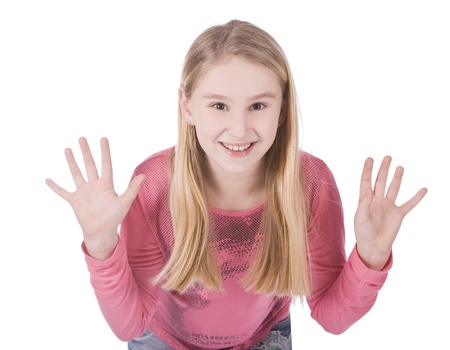 bright picture of happy young girl showing her palms