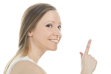 Bright picture of attractive woman pointing her fingerの写真素材