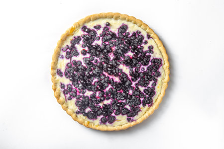Blueberry tart on a white background, top view, close-upの写真素材