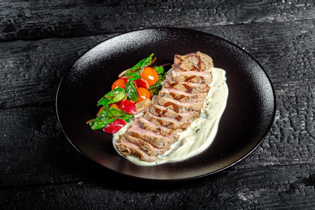 Pork tenderloin with cream sauce and cherry tomatoes on black plateの写真素材