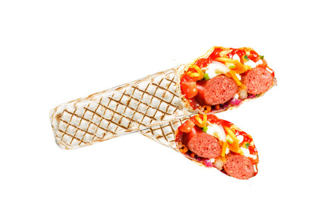 Tortilla with sausage and vegetables isolated on a white background.の写真素材