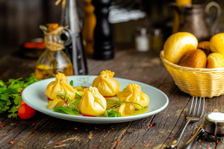 Georgian dumplings khinkali on a plate on a wooden tableの写真素材