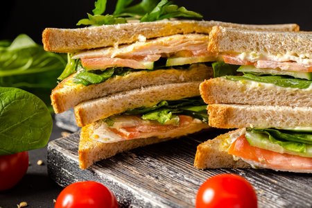 Sandwiches with salmon, tomatoes and arugula on a black background