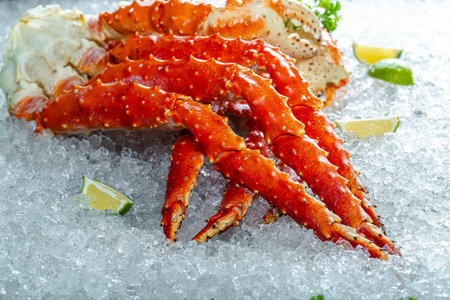 Red king crab on ice with lemon and parsley. Seafoodの写真素材