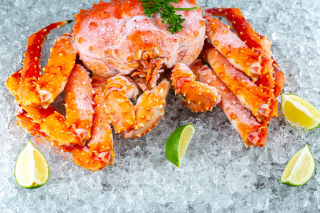 King crab on ice with lime and parsley. Seafood.の写真素材