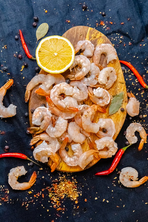 Raw peeled shrimps with spices and lemon on wooden board.の写真素材