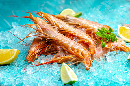 Shrimps on ice with lime and parsley on blue backgroundの写真素材