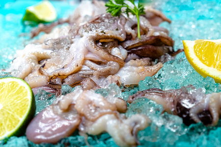 Fresh raw octopus with lemon and parsley on ice closeup
