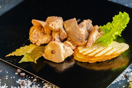 sliced chicken fillet on a black plate with spices and herbsの写真素材