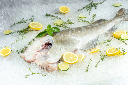 Fresh fish with lemon, thyme and ice on a white background