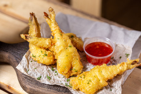 Crispy fried prawns on a wooden board with sauceの写真素材