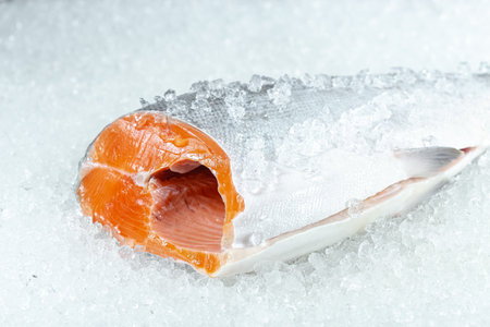 Salmon fillet on ice, close-up. Seafoodの写真素材