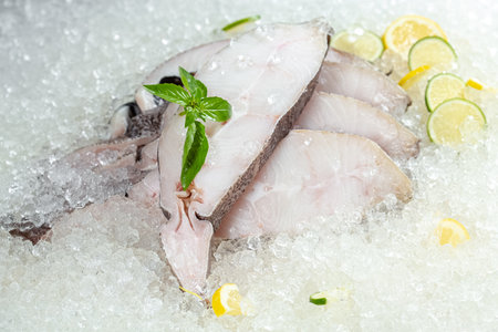Fresh fish on ice with lemon and basil, close up, horizontal