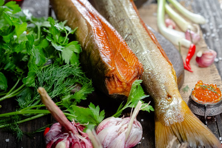 smoked fish with red caviar and greens on a wooden table