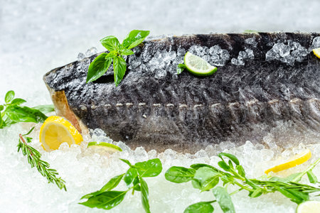 Fresh raw herring with lemon, herbs and ice on white background