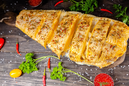 Carpaccio of fish fillet with spices on wooden background