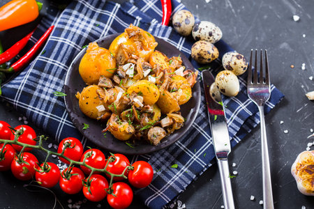 Baked potatoes with mushrooms, quail eggs and spices on black backgroundの写真素材