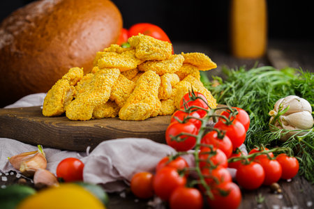 Chicken nuggets with fresh vegetables and bread on a wooden background.の写真素材