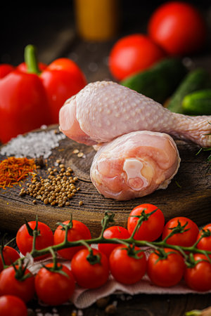 Raw chicken legs with vegetables and spices on a wooden background. Selective focus.の写真素材