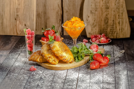 Fruit pastries with strawberries and raspberries on a wooden background