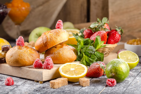 Homemade buns with fruits and berries on wooden background. Selective focus.の写真素材