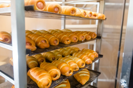 Bakery products on shelf in bakery shop. Fresh baked pastry rolls with sausage.