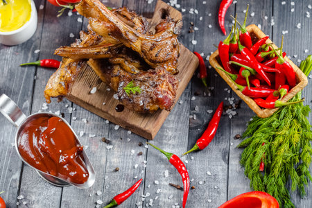 Grilled lamb ribs with spices and sauce on wooden background, top viewの写真素材