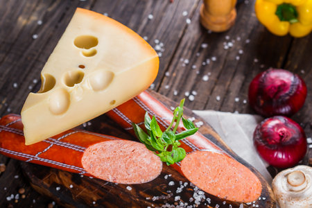 sausage and cheese on a table, salami and cheeseの写真素材