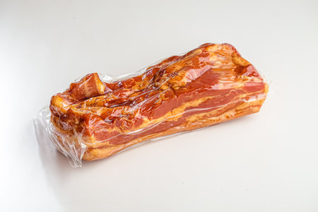 Smoked pork meat in plastic bag isolated on a white background.の写真素材