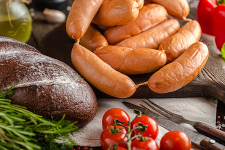 Smoked sausages with bread and vegetables on a wooden backgroundの写真素材