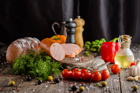 sausage and vegetables on a wooden table in a composition with kitchen accessoriesの写真素材