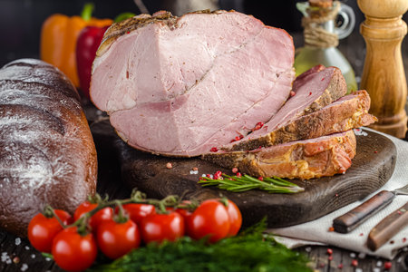 Traditional smoked meat with vegetables and spices on a wooden background. Selective focus.の写真素材