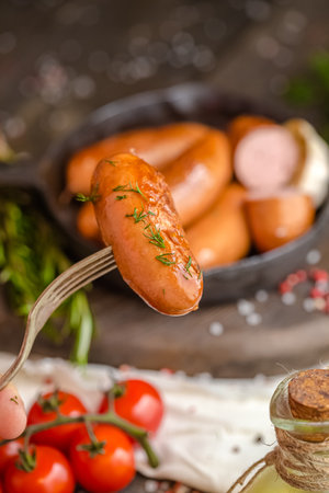 Grilled sausages with herbs and spices on rustic backgroundの写真素材