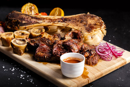Grilled lamb ribs with vegetables on a wooden board on a black backgroundの写真素材